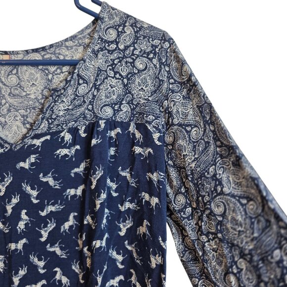 Red Camel Dress Womens XS Blue Paisley Horse Print Rayon Boho Tunic Long Sleeve - Picture 4 of 12